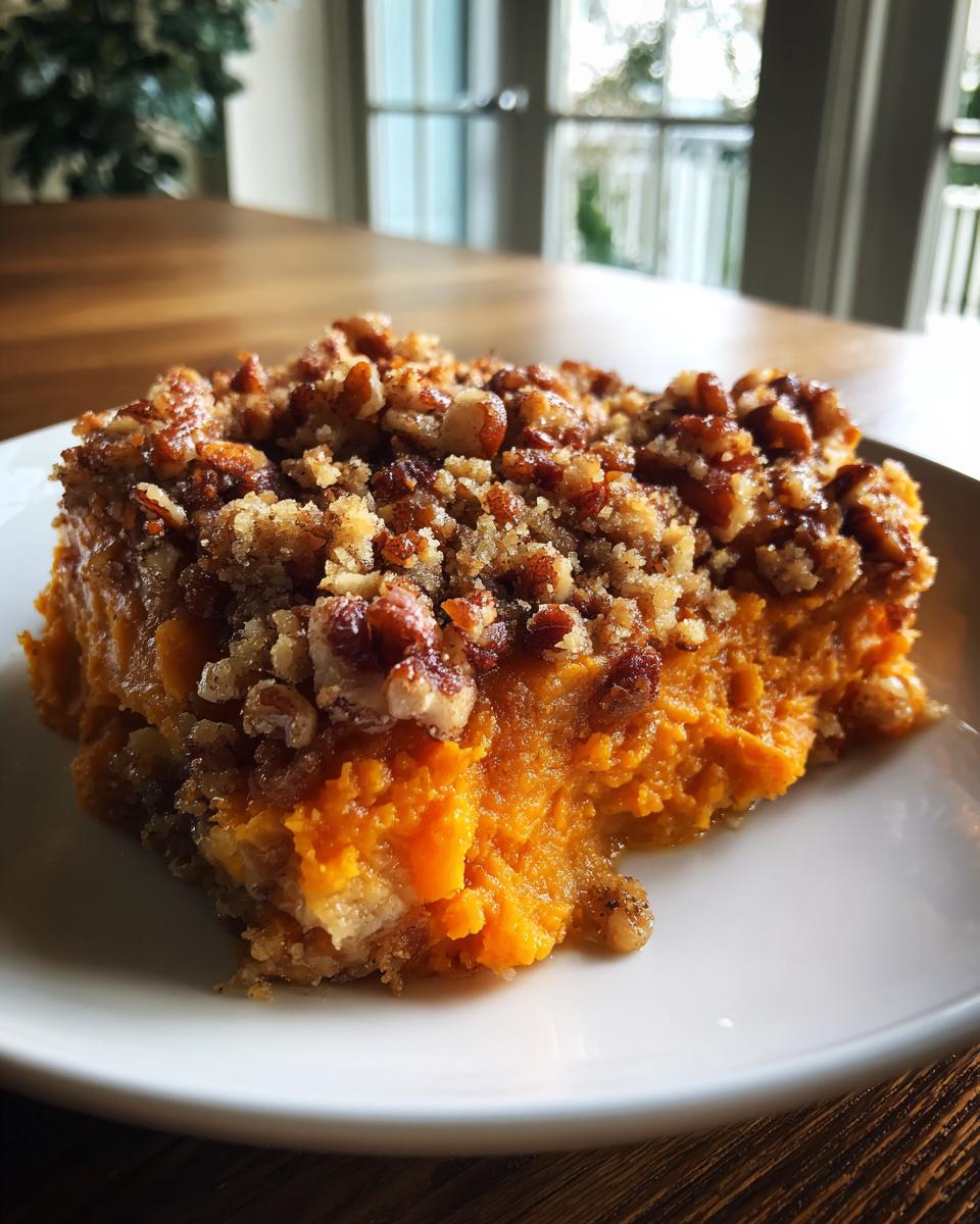 A close-up serving of southern sweet potato casserole featuring a rich orange base and a crunchy pecan streusel topping.