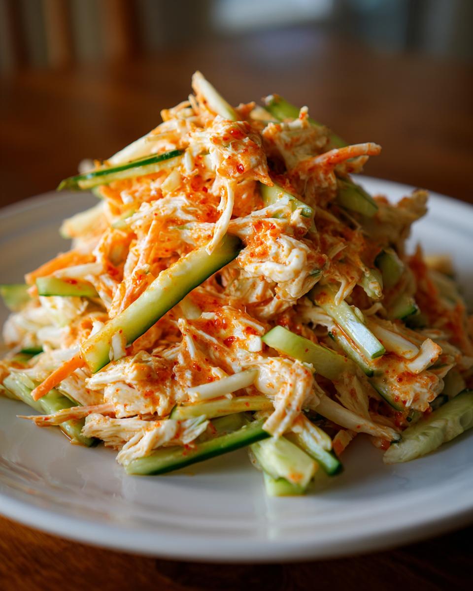 A mound of creamy, spicy kani salad featuring shredded imitation crab, julienned cucumber, and a vibrant orange dressing.