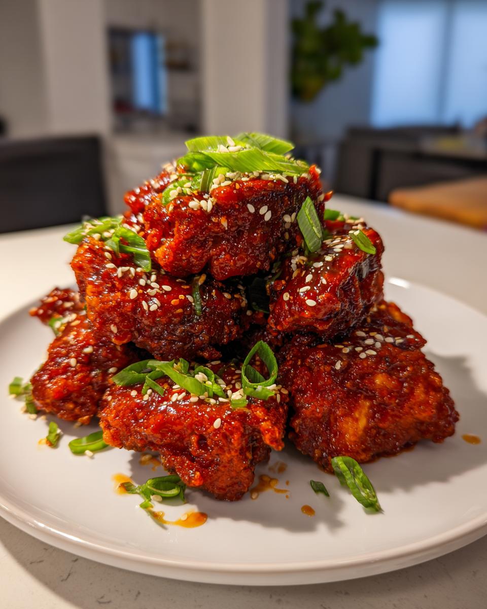 A mound of glossy, red-sauced Korean fried chicken pieces topped with sesame seeds and sliced green onions.