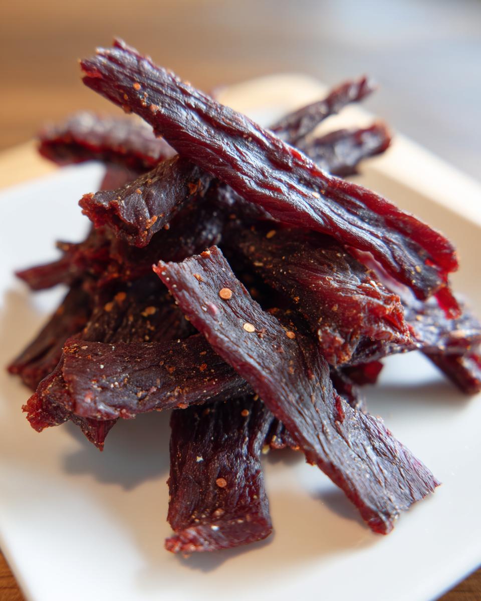 A pile of dark, reddish-brown venison jerky strips seasoned with visible red pepper flakes.