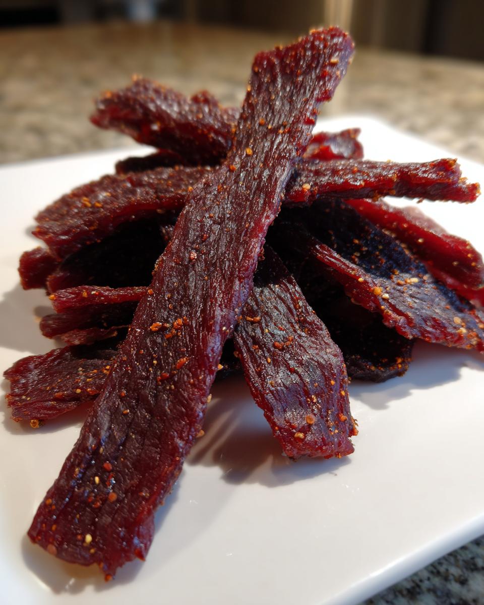 A pile of dark red, seasoned venison jerky strips dusted with visible spices, resting on a white plate.