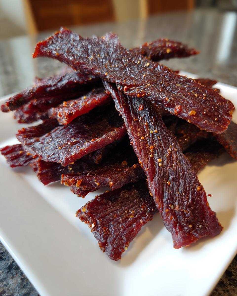 A pile of dark, richly seasoned venison jerky strips coated in visible spice flakes, served on a white plate.