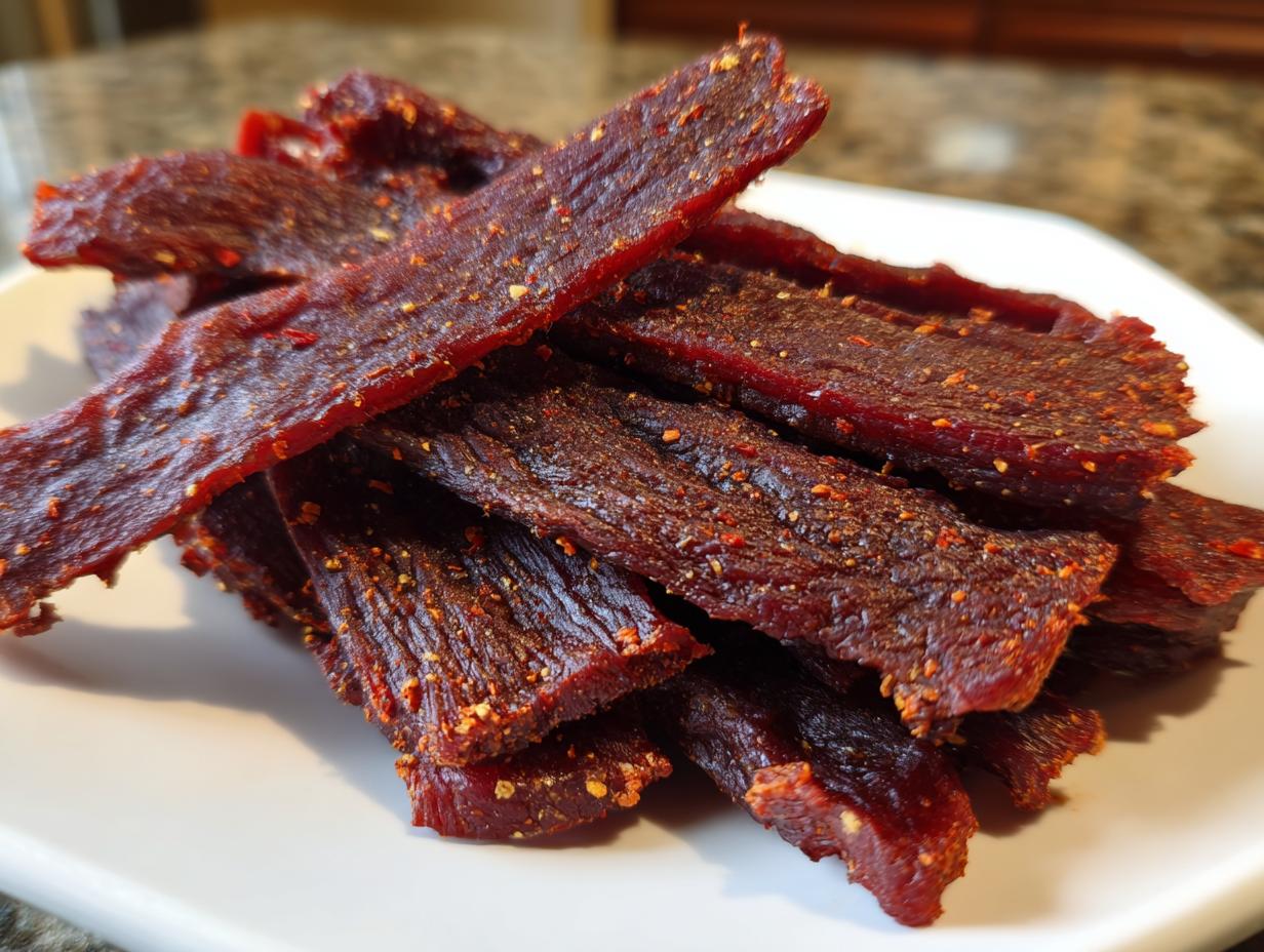 A pile of dark red, seasoned venison jerky strips sprinkled with visible red pepper flakes.