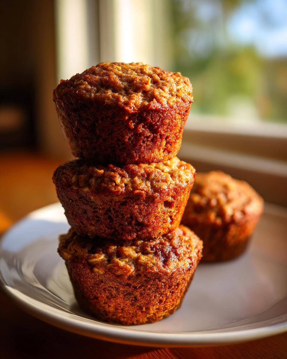 Three golden-brown banana oatmeal muffins stacked on a white plate, backlit by natural light.