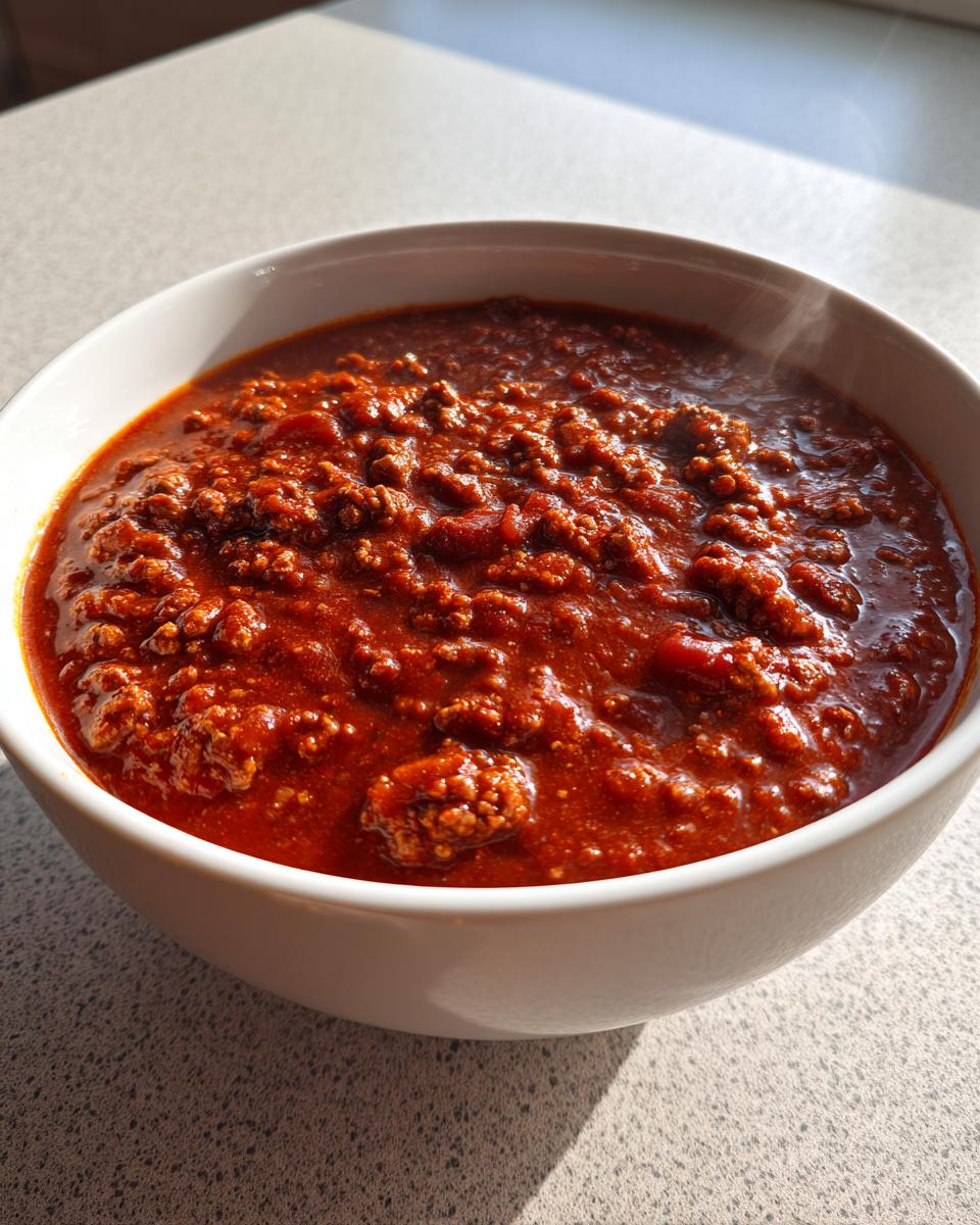 Close-up of a white bowl filled with rich, thick, steaming crockpot chili made with ground meat.