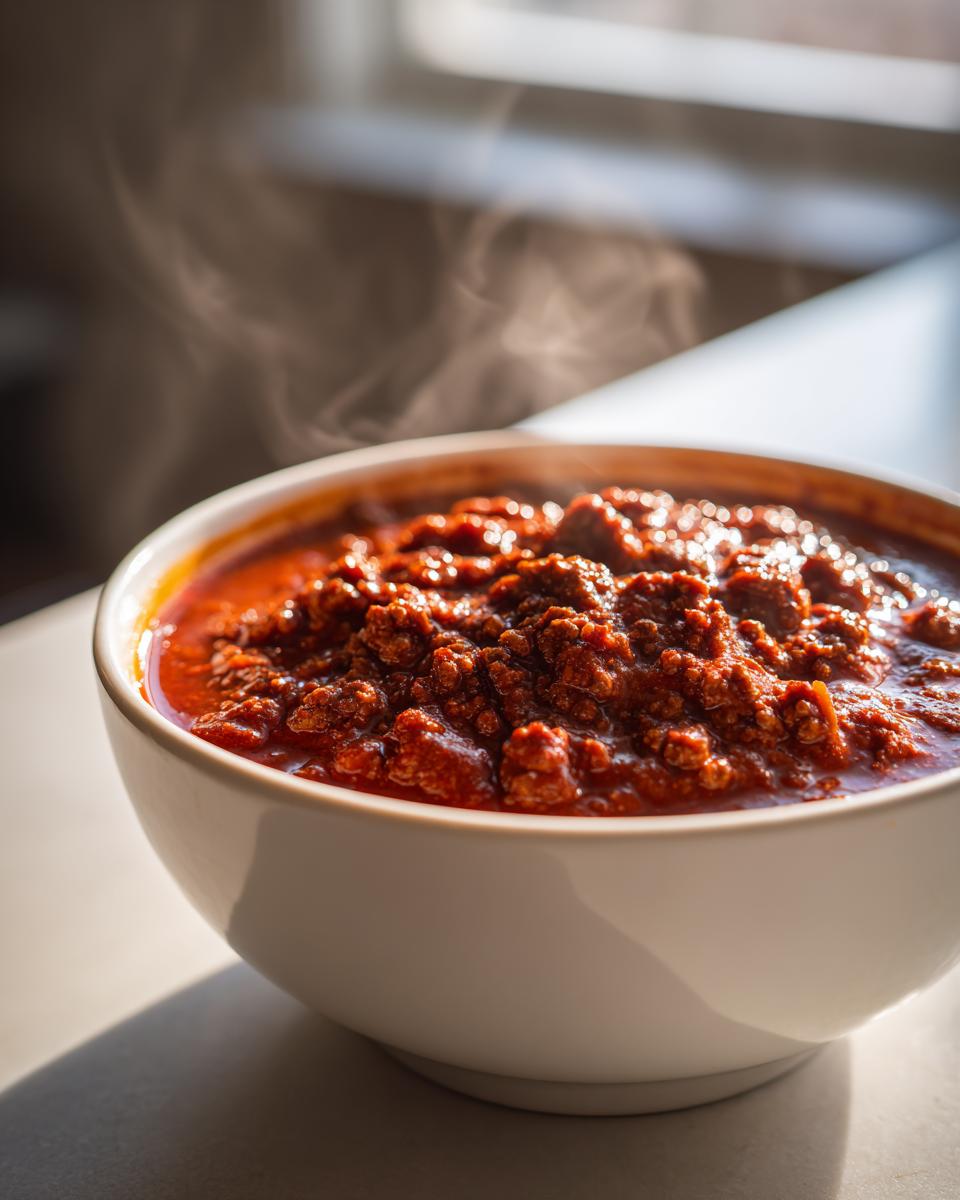 A white bowl filled with rich, thick, steaming crockpot chili, highlighted by natural light.