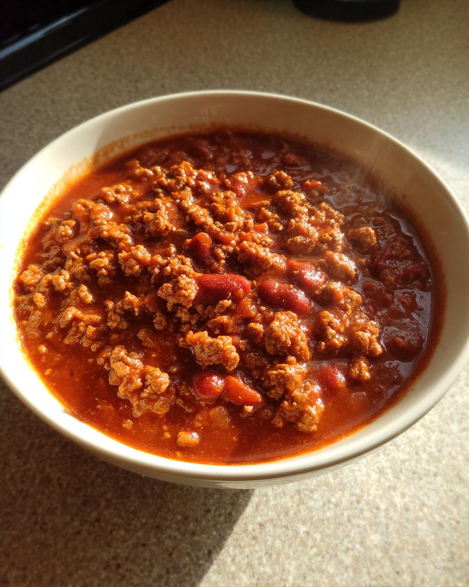 A close-up of a steaming white bowl filled with rich, hearty crockpot chili featuring ground meat and kidney beans.