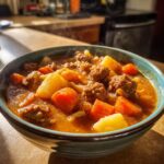 A close-up of a steaming bowl of rich hamburger soup filled with ground beef, potatoes, and carrots.