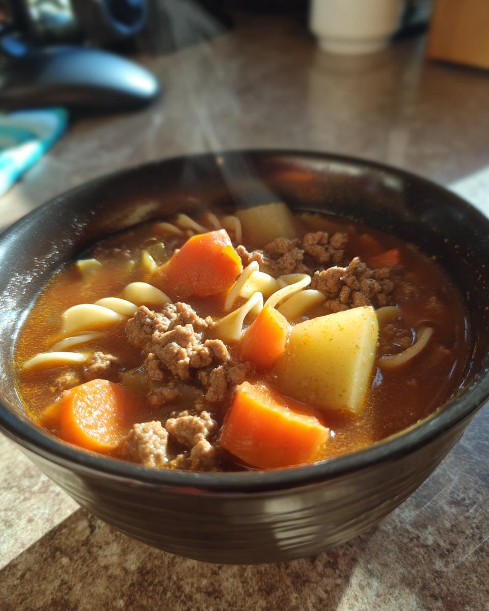 A close-up of a steaming black bowl filled with rich hamburger soup, featuring ground beef, carrots, potatoes, and egg noodles.