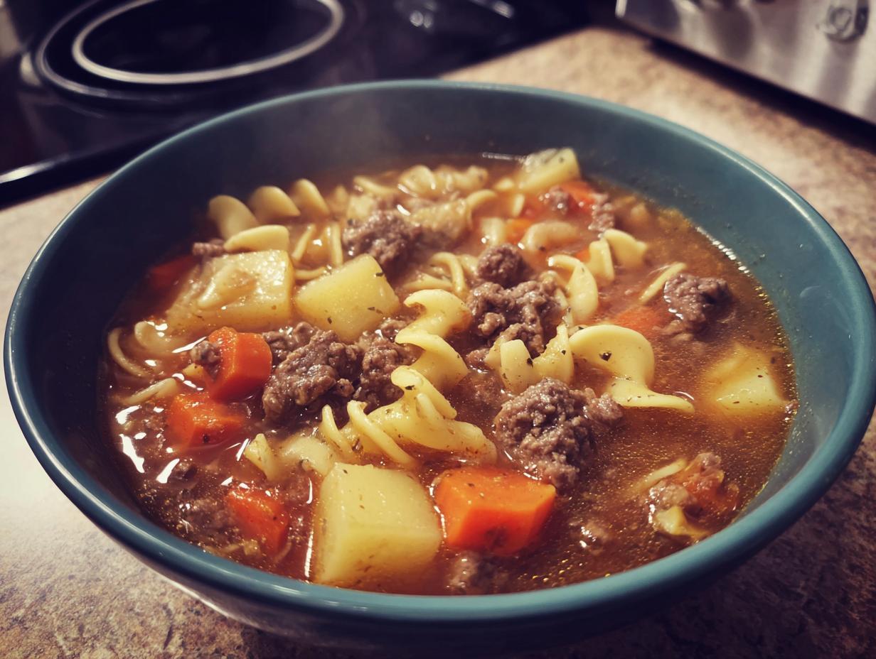 Close-up of a steaming bowl of hamburger soup featuring ground beef, carrots, potatoes, and egg noodles in a rich broth.