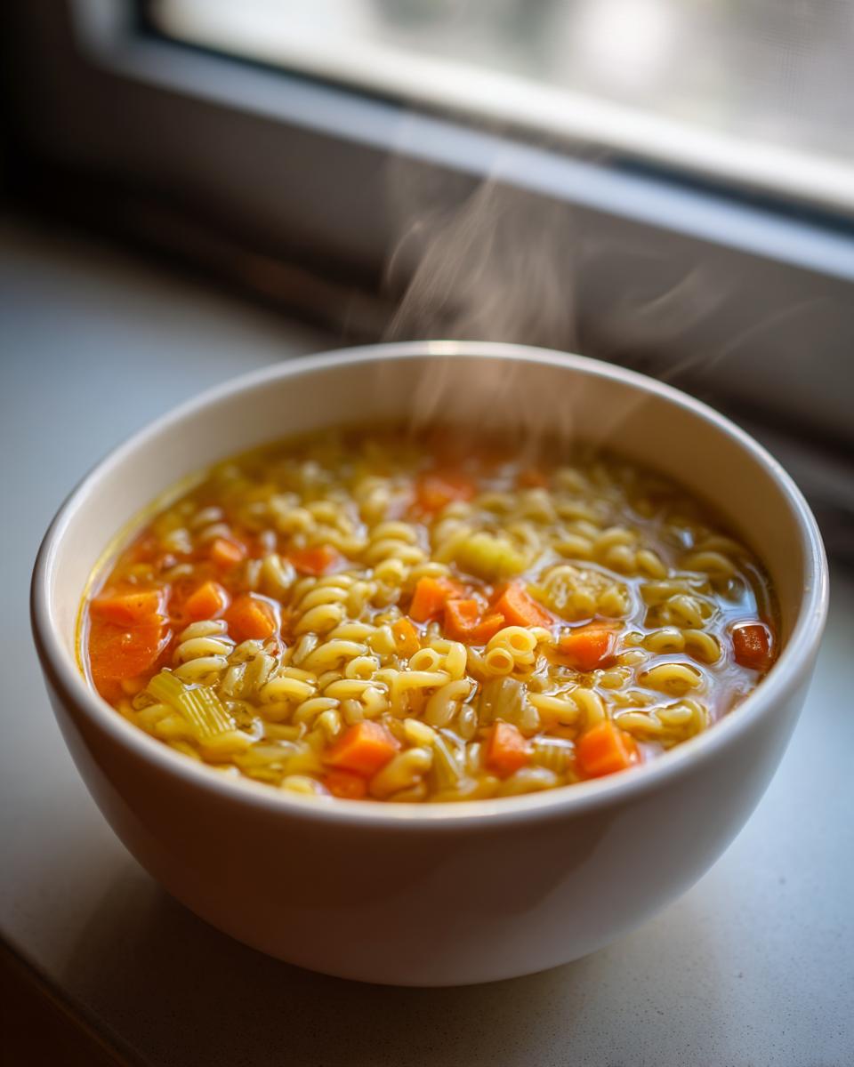 Close-up of a steaming white bowl filled with hot italian penicillin soup, featuring rotini pasta and diced carrots.