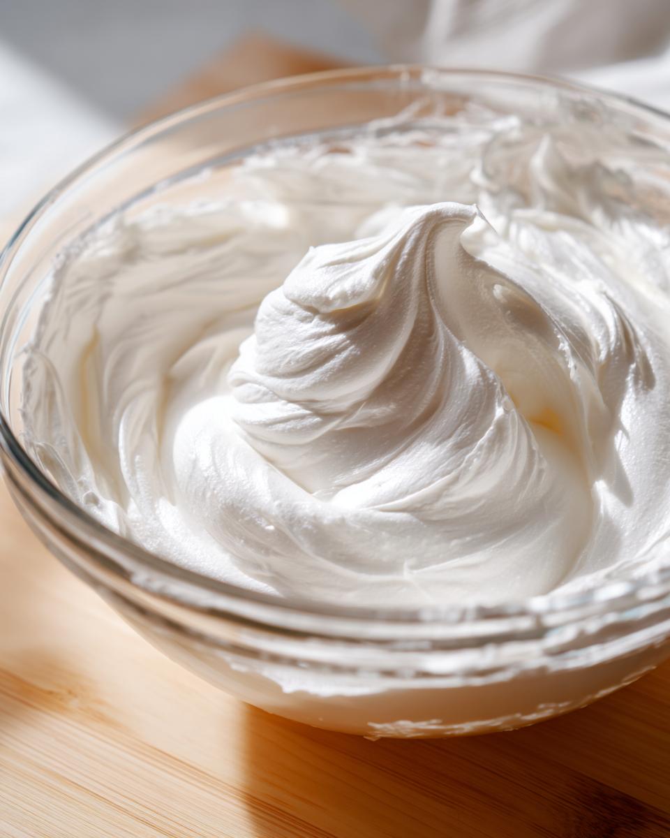 Close-up of thick, bright white, stiff-peak royal icing recipe mixture in a clear glass bowl.