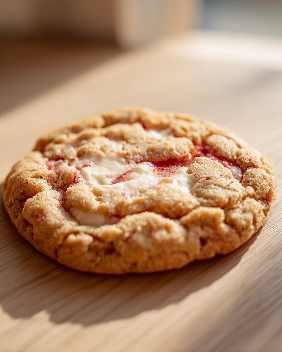 A single, freshly baked strawberry cheesecake cookie with a visible swirl of white cream cheese filling and red strawberry pieces.