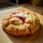A single, golden-brown strawberry cheesecake cookie with a dollop of cream cheese and bright red strawberry jam center.