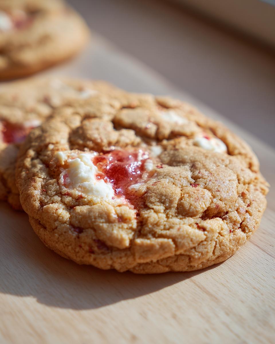 A close-up of a freshly baked strawberry cheesecake cookies showing melted strawberry jam and cream cheese chunks.