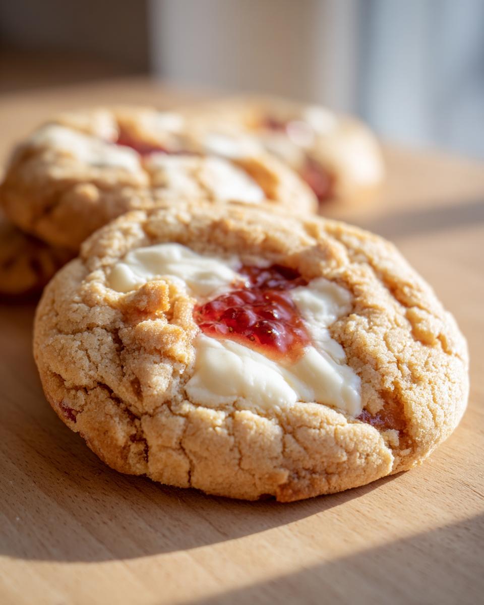 A close-up of a freshly baked strawberry cheesecake cookie with a creamy center and bright red jam swirl.