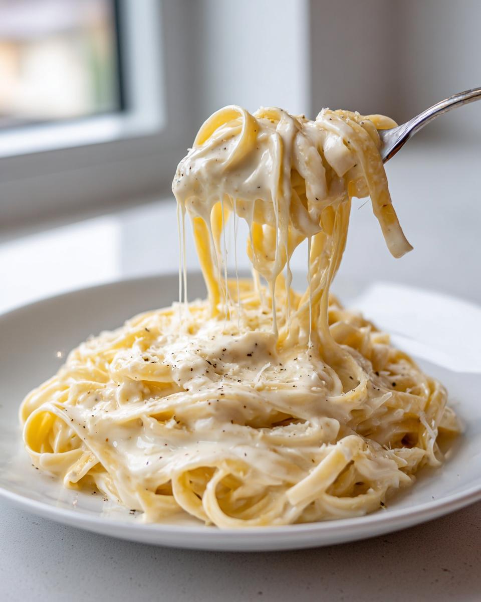 A fork lifting fettuccine coated in rich, creamy homemade alfredo sauce, showing cheese stretch.