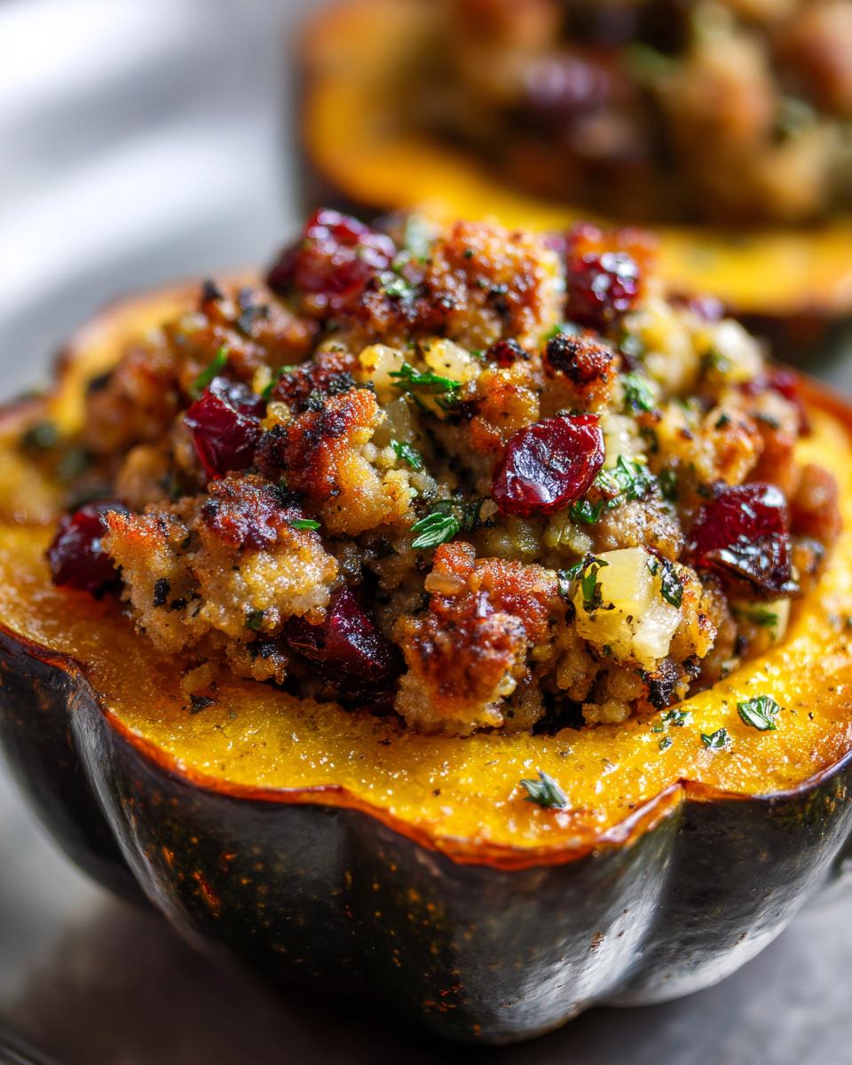 Macro shot of a delicious stuffed acorn squash half filled with savory stuffing and dried cranberries.