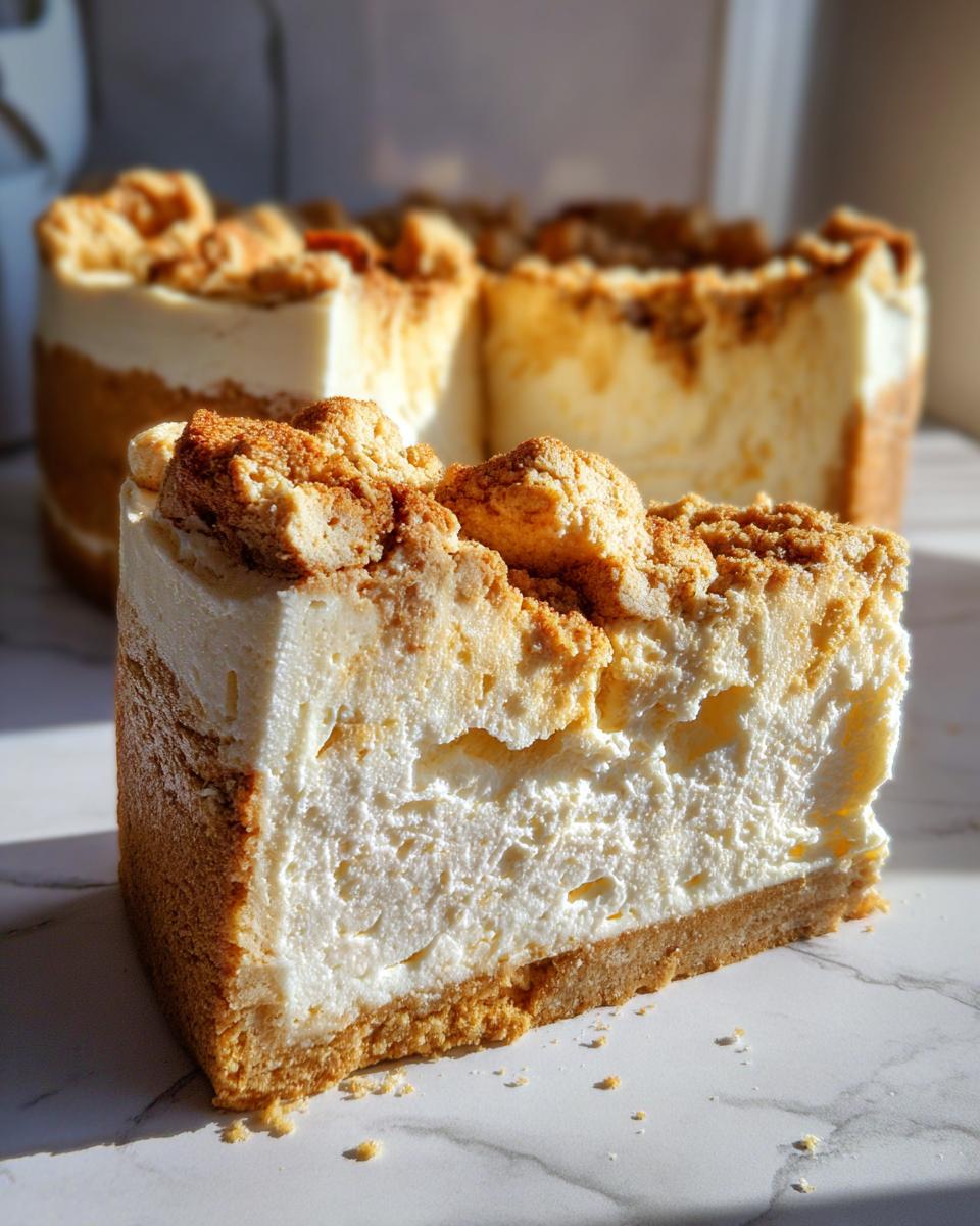 Close-up of a thick slice of sugar cookie cheesecake showing a graham cracker crust, creamy filling, and crumbly topping.