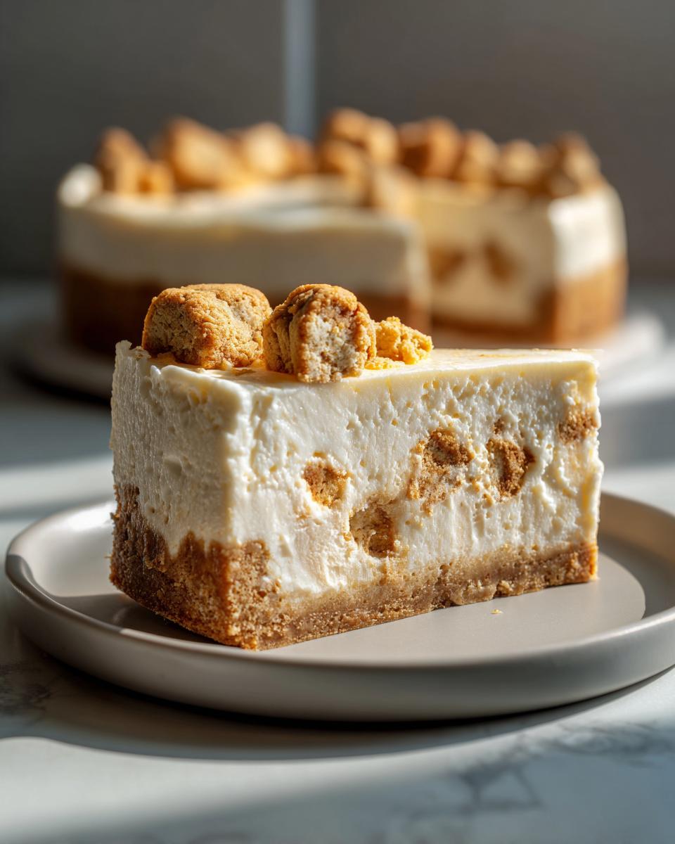 A perfect slice of sugar cookie cheesecake with a graham cracker crust and cookie pieces mixed in.