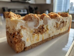 Close-up of a thick slice of sugar cookie cheesecake showing a graham cracker crust and creamy filling studded with cookie pieces.