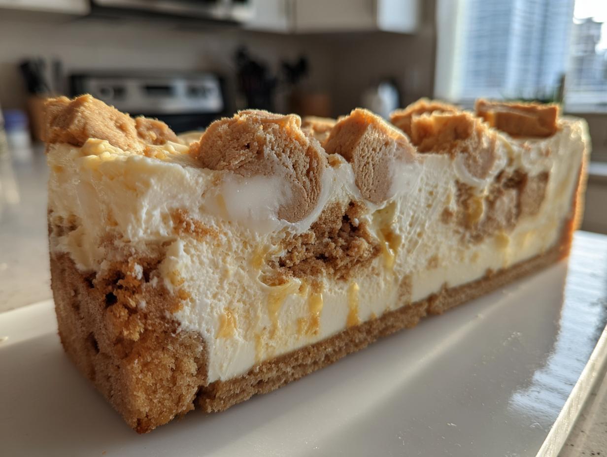 Close-up of a thick slice of sugar cookie cheesecake showing a graham cracker crust and creamy filling studded with cookie pieces.