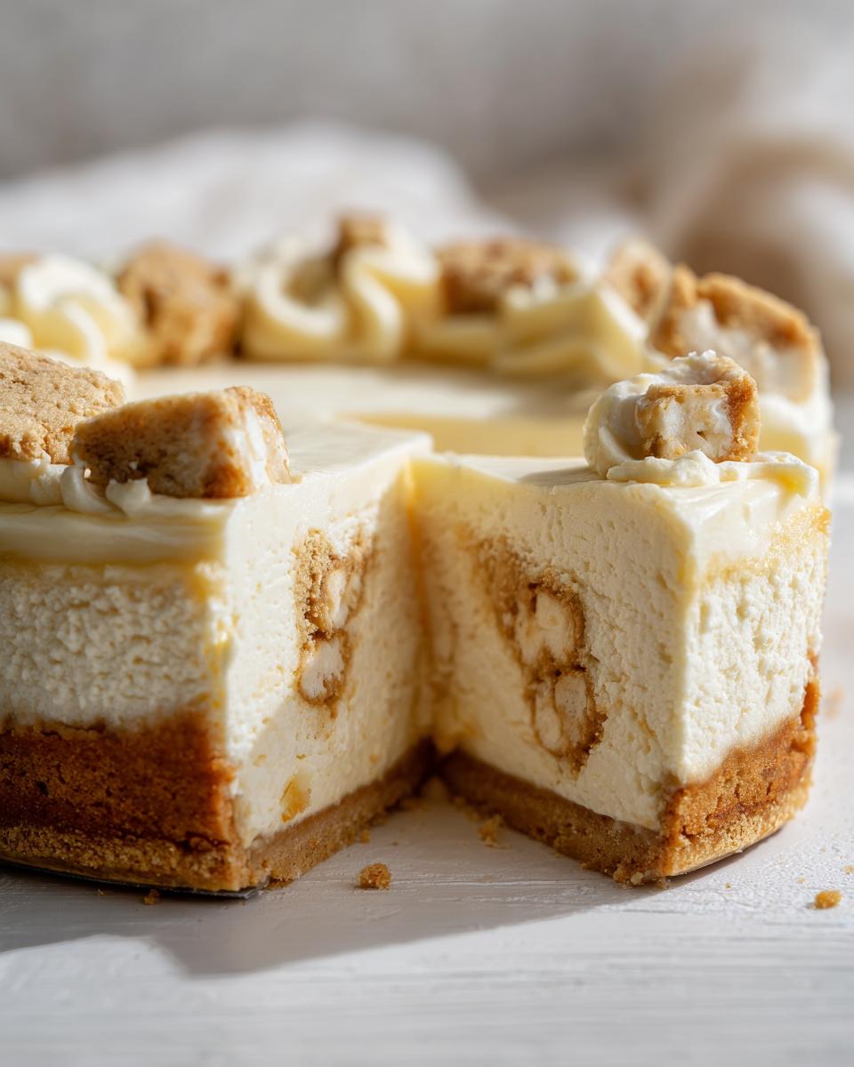 A close-up of a sugar cookie cheesecake with a slice removed, showing the creamy filling and cookie pieces inside.