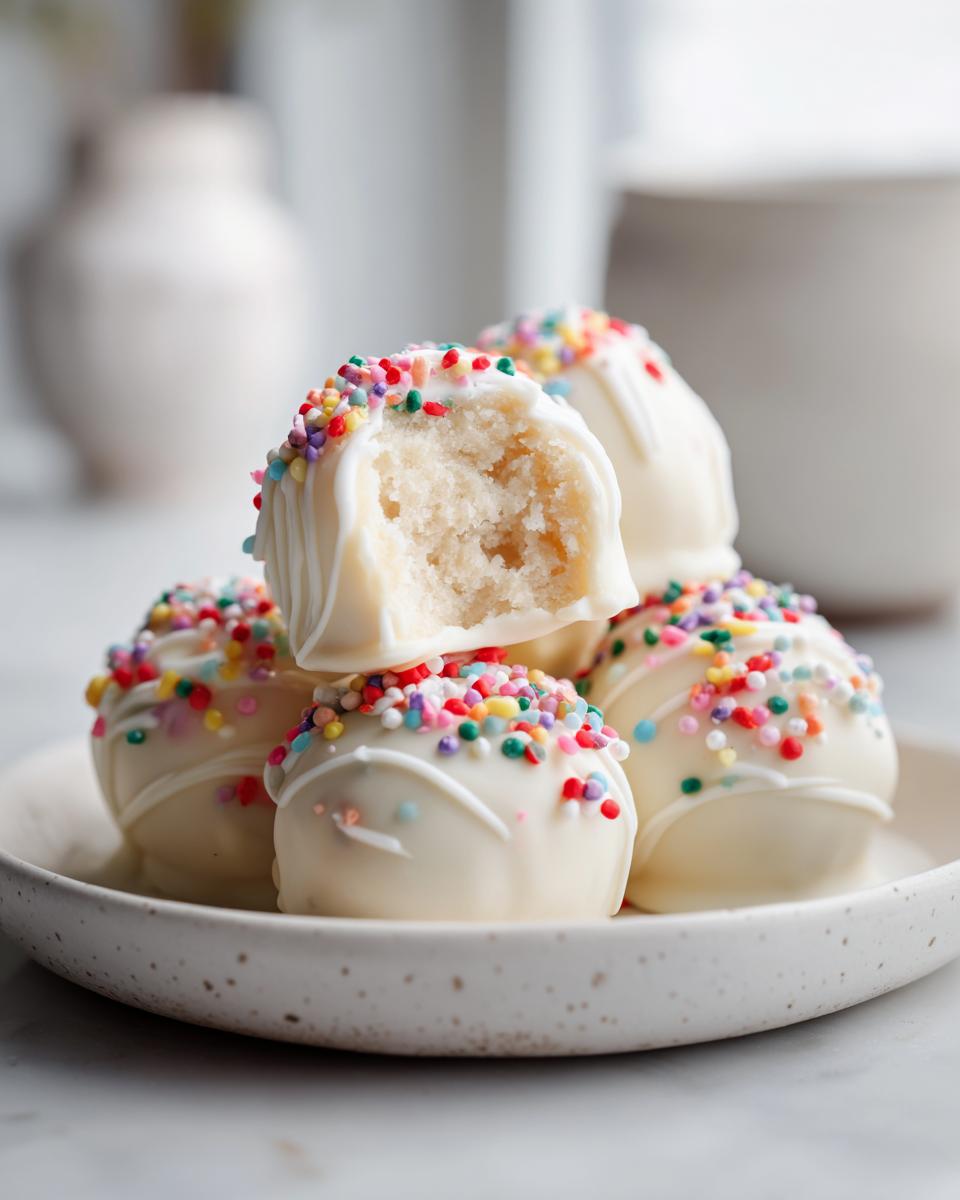A stack of white chocolate sugar cookie truffles decorated with rainbow sprinkles, one is bitten open showing the soft center.
