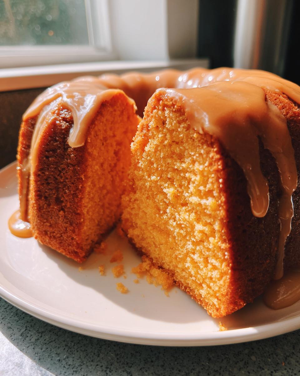 A slice cut from a bundt-style sweet potato pound cake topped with a thick caramel glaze.