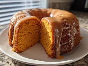 A slice cut from a bundt-shaped sweet potato pound cake topped with thick caramel glaze.