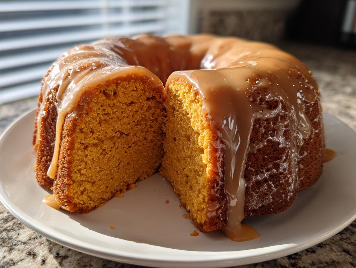 A slice cut from a bundt-shaped sweet potato pound cake topped with thick caramel glaze.