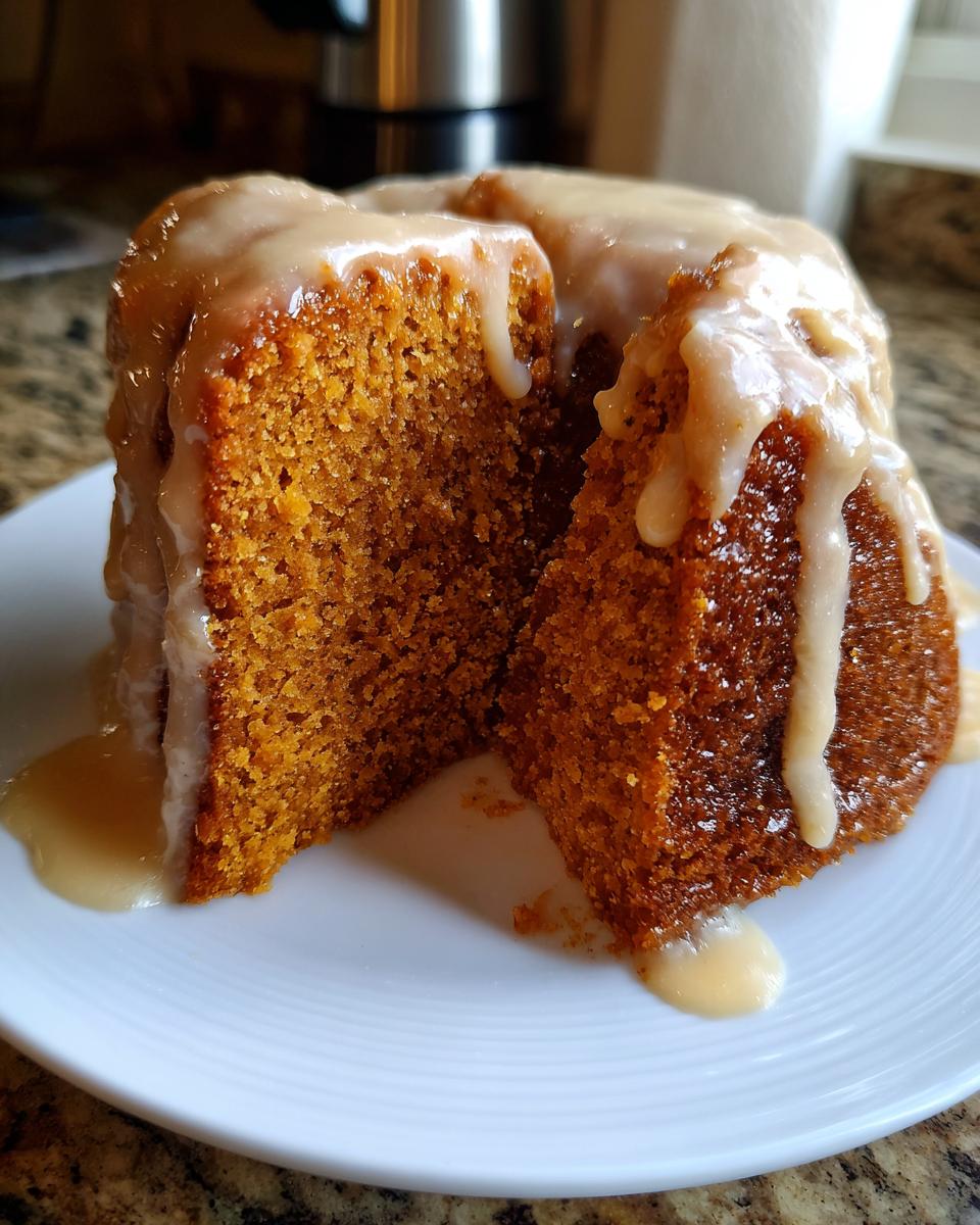 Two slices cut from a moist sweet potato pound cake, heavily drizzled with a light brown glaze.