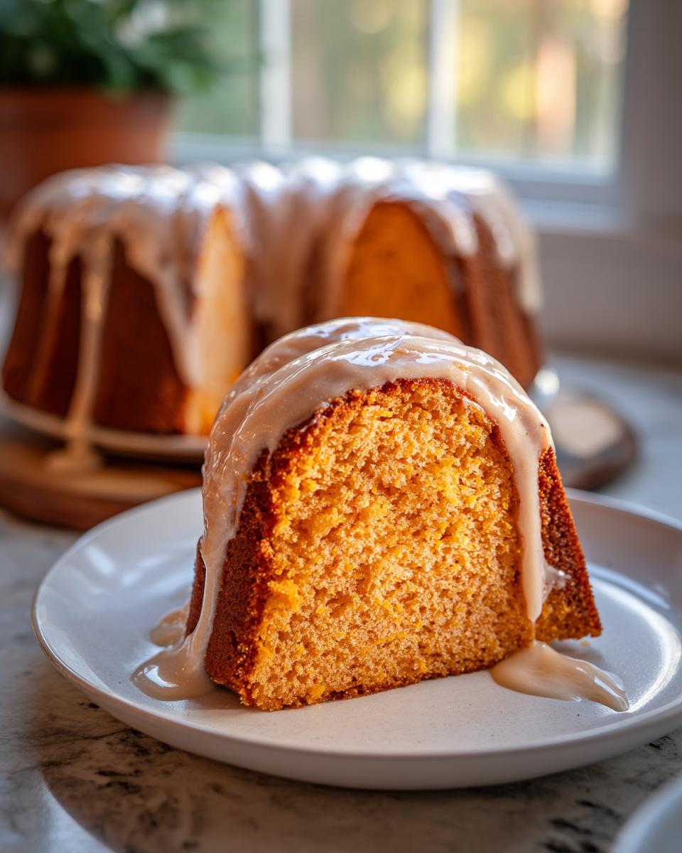 A close-up slice of moist sweet potato pound cake topped with a thick, dripping glaze.