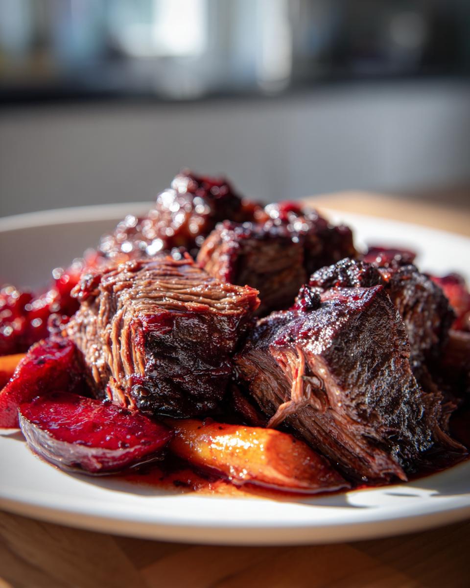 Close-up of tender, shredded cranberry pot roast pieces served with glazed carrots and a rich sauce.