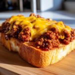 Close-up of a slice of thick Texas toast topped with savory sloppy joe meat and melted cheddar cheese.