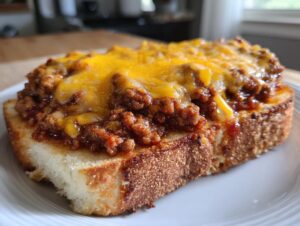 Close-up of a slice of Texas toast sloppy joes topped generously with savory meat sauce and melted cheddar cheese.