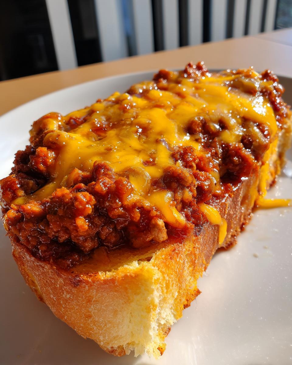 Close-up of a thick slice of Texas toast topped with savory meat sauce and melted cheddar cheese for texas toast sloppy joes.