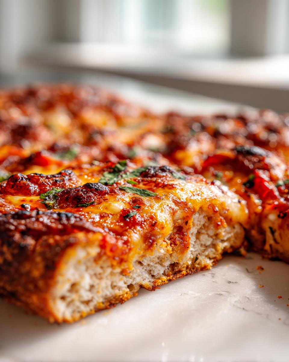 Close-up of a thick slice of chicken crust pizza showing the dense, bread-like base and melted, bubbly cheese topping.