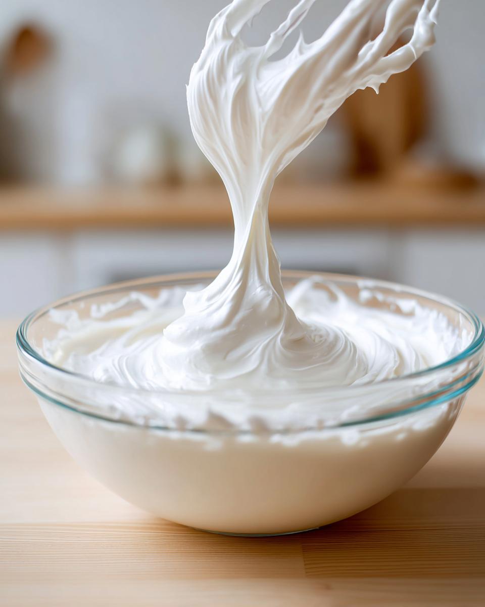 Thick, glossy white royal icing recipe mixture being lifted by a whisk attachment from a clear glass bowl.