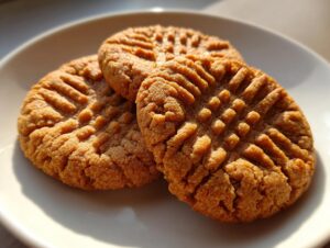 Close-up of three golden brown peanut butter cookies with classic fork cross-hatch marks on a light plate.