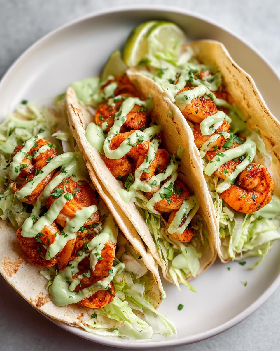 Three soft tortilla shrimp taco servings filled with seasoned shrimp, shredded lettuce, and drizzled with a vibrant green creamy sauce.