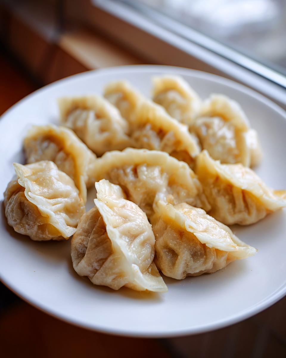 A plate of freshly steamed Traditional Chinese Dumplings with crimped edges, ready to eat.
