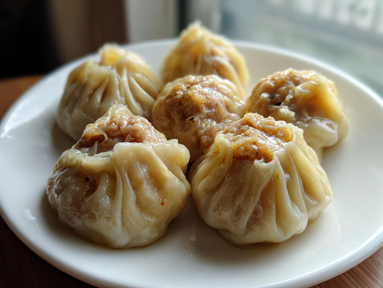 Close-up of five freshly steamed Traditional Chinese Dumplings with savory filling visible at the top.