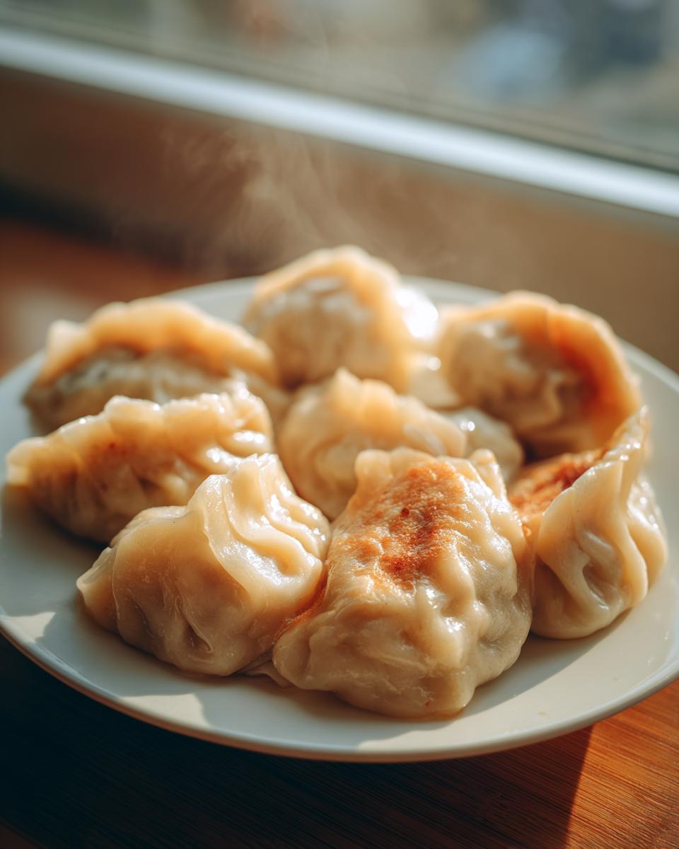 A plate of freshly cooked Traditional Chinese Dumplings, some showing a light golden sear, with steam rising gently.