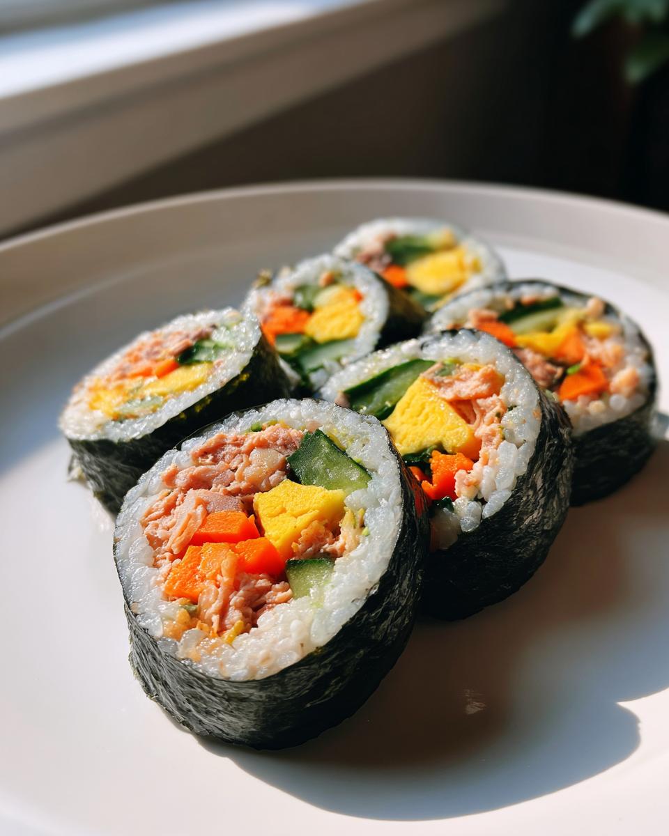 Close-up of several slices of fresh tuna kimbap showing tuna filling, yellow egg, and green cucumber inside rice and seaweed.