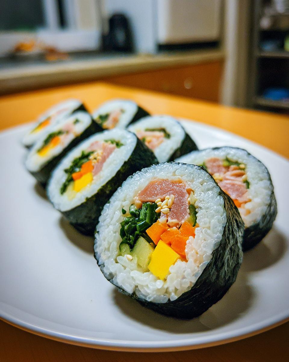 Several slices of homemade tuna kimbap featuring rice, seaweed, tuna, and colorful vegetables like carrots and yellow pickled radish.