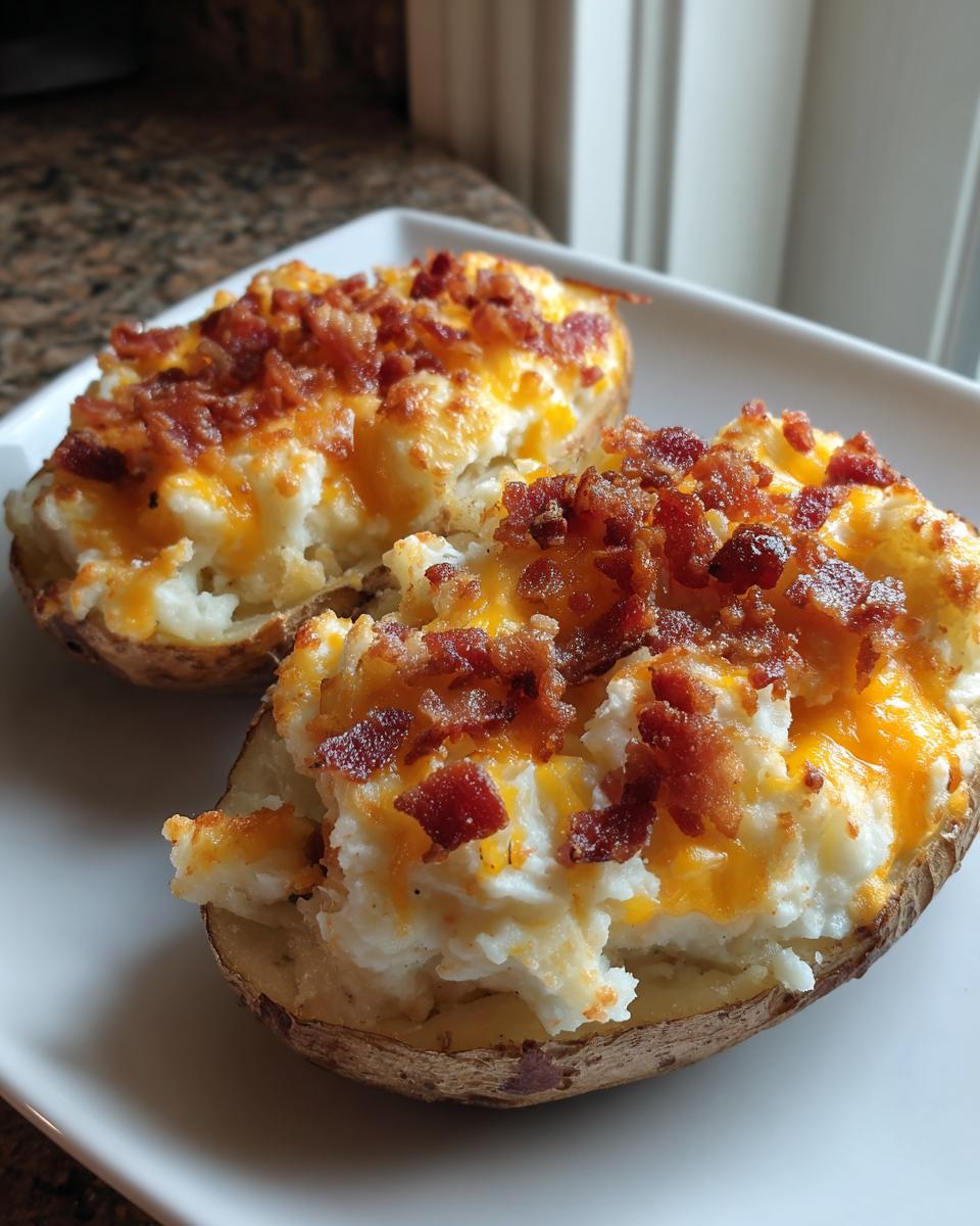 Two halves of a baked potato casserole stuffed with creamy filling, melted cheddar cheese, and crispy bacon bits.