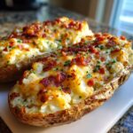 Two halves of a twice baked potato casserole stuffed with creamy potato filling, cheese, and bacon bits.