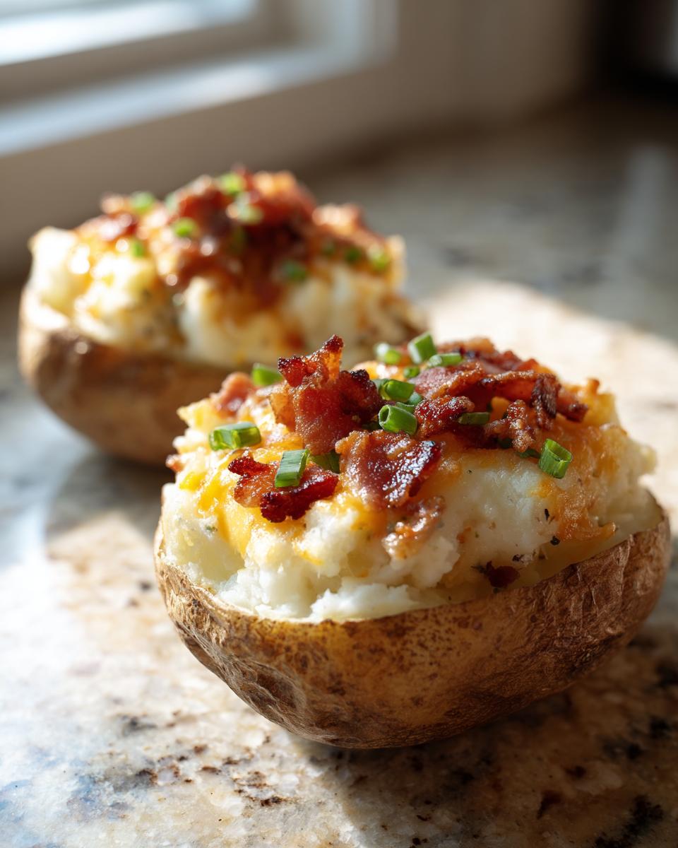 Close-up of a twice baked potato casserole half filled with fluffy potato, melted cheese, bacon bits, and chives.