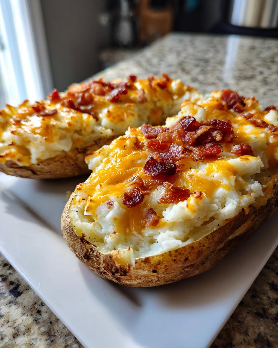 Two halves of a baked potato casserole stuffed with mashed potatoes, melted cheddar cheese, and bacon bits.